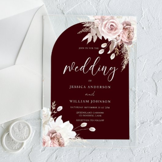 Invitations En Acrylique Blush Floral Deep Burgundy Arch Wedding