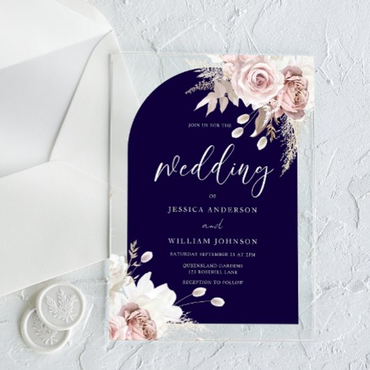 Invitations En Acrylique Blush Floral Deep Navy Arch Wedding