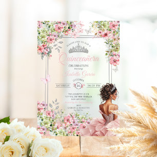 Invitations En Acrylique Blush Floral Rose et Papillon Vert Quinceañera