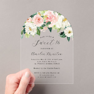 Invitations En Acrylique Blush ivoire élégant floral arc Sweet Sixteen