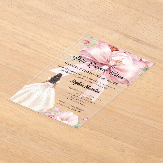 Invitations En Acrylique Blush pink bow florals dress Quinceanera clear (Poser)