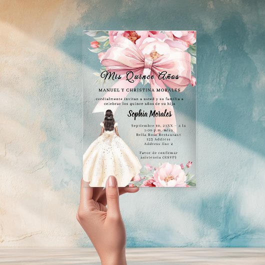 Invitations En Acrylique Blush pink bow florals dress Quinceanera clear
