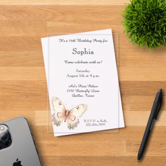 Invitations En Acrylique Blush Pink Cream Butterfly Birthday  (Insitu (Carte d'invitation))