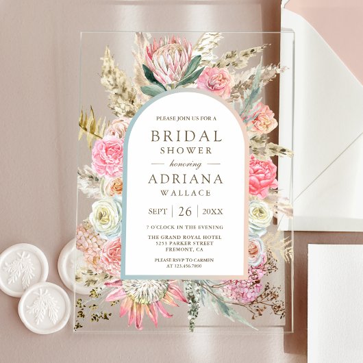 Invitations En Acrylique Blush Pink Floral Boho Pampas Grass Bridal Shower