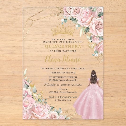 Invitations En Acrylique Blush Pink Floral Princess Gold Quinceanera 15 XV (Recto)