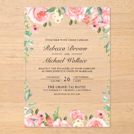 Invitations En Acrylique Blush Pink Floral Wedding (Recto)
