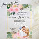 Invitations En Acrylique Blush Pink Gold Romantic Floral Mariage photo<br><div class="desc">Ambiance pastel romantique aquarelle rose jardin fleuris botanique mariage acrylique invitation. Cette invitation unique et charmante présente des bouquets de roses pastel doux dans les tons rose pâle, rose pastel, pêche et crème avec feuilles botaniques verts et eucalyptus. Il présente également le couple dans une photo spéciale. Un beau choix...</div>