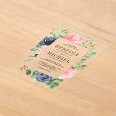 Invitations En Acrylique Blush Pink Navy Blue Floral Wedding (Poser)