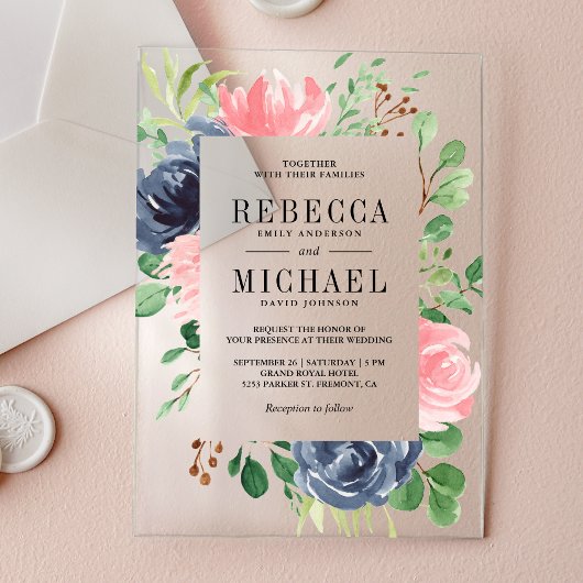 Invitations En Acrylique Blush Pink Navy Blue Floral Wedding