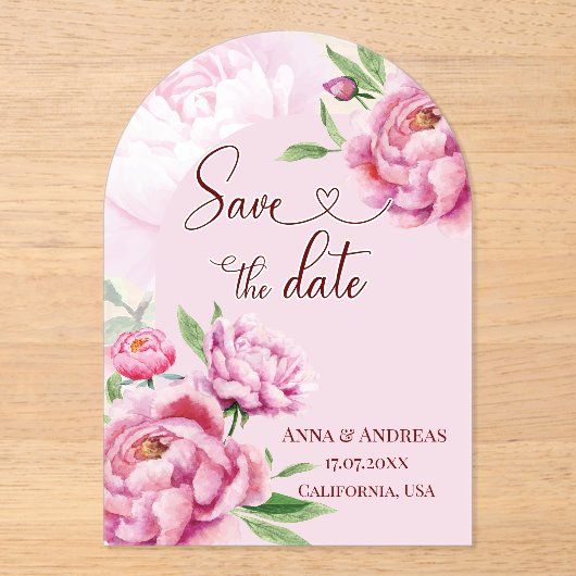Invitations En Acrylique Blush Pink Peony Save the Date Card (Recto)