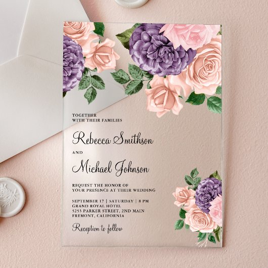 Invitations En Acrylique Blush Pink Purple Floral Wedding