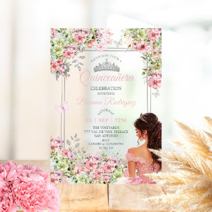 Invitations En Acrylique Blush Rose et Papillon Floral Vert Quinceañera