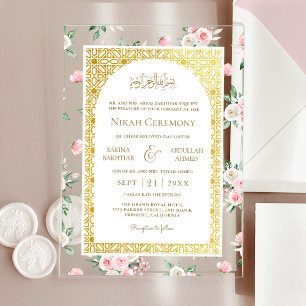 Invitations En Acrylique Blush rose Floral or Motif musulman Mariage musulm