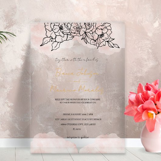 Invitations En Acrylique Blush Watercolor & Black Floral Wedding