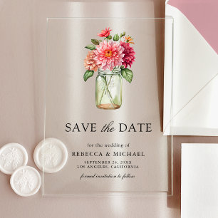 Invitations En Acrylique Bocal Mason aux Dahlia Colorés pour Mariage "Save