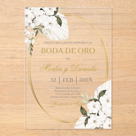 Invitations En Acrylique Boda de oro con boho blanco (Recto)