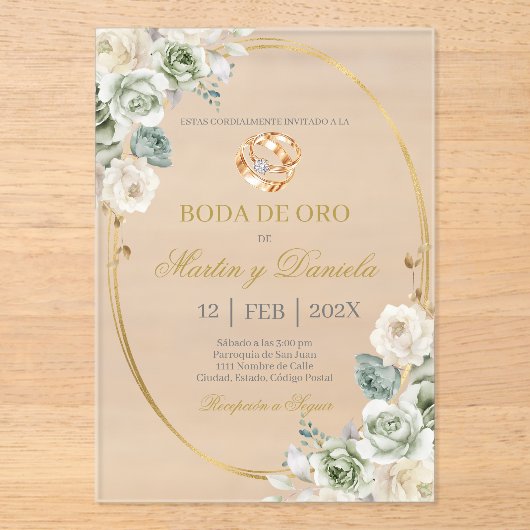 Invitations En Acrylique Boda de oro con boho blanco (Recto)