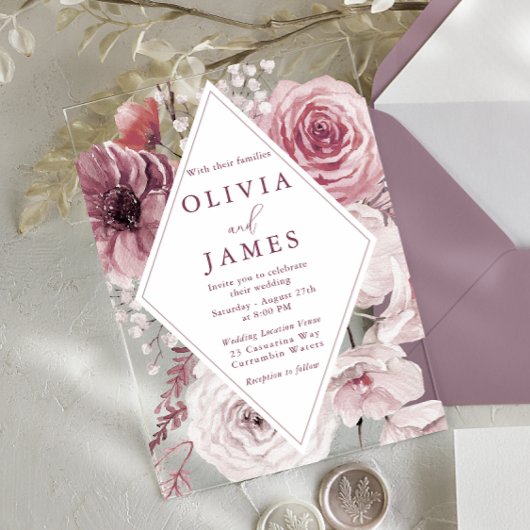 Invitations En Acrylique Bohème Dusty Rose & Mauve Floral Mariage