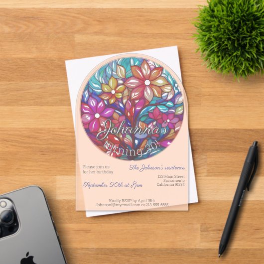 Invitations En Acrylique Boho a fleuri imitation de vitrail pour un anniver (Insitu (Carte d'invitation))