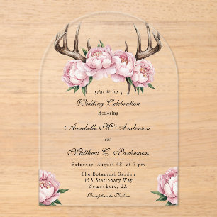 Invitations En Acrylique Boho Antler avec des pivoines roses Célébration du