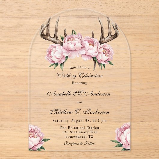 Invitations En Acrylique Boho Antler avec des pivoines roses Célébration du (Recto)
