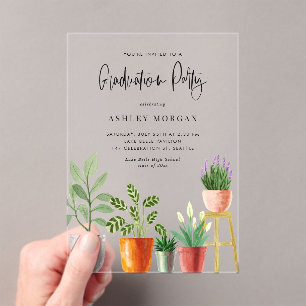 Invitations En Acrylique Boho Aquarelle Poted Houseplants Graduation