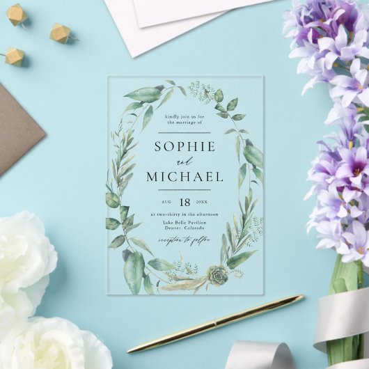 Invitations En Acrylique Boho Aquarelle Verdure et Mariage Succulents