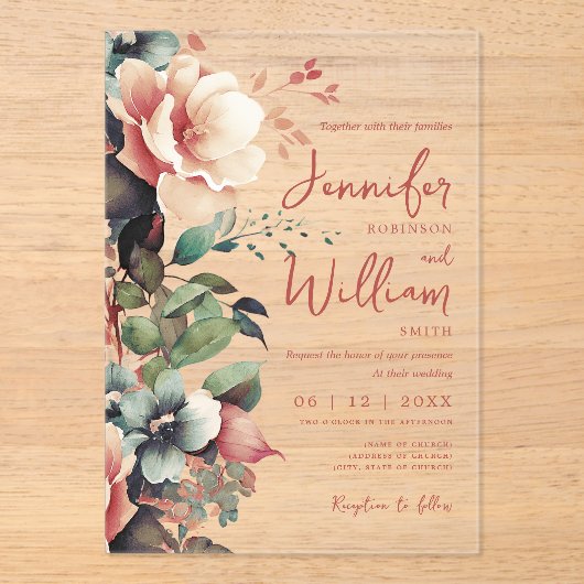 Invitations En Acrylique Boho Automne Automne Automne Floral Mariage Script (Recto)