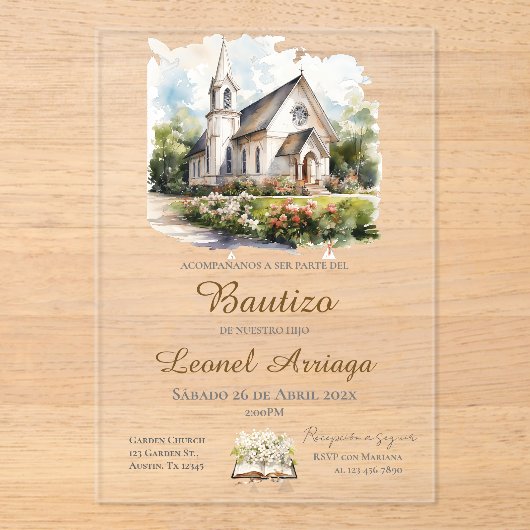 Invitations En Acrylique Boho Baptism in Spanish with church (Recto)