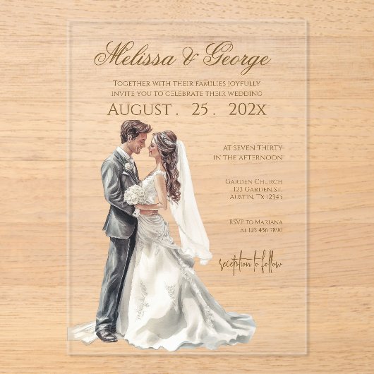 Invitations En Acrylique Boho beige with bride Wedding (Recto)
