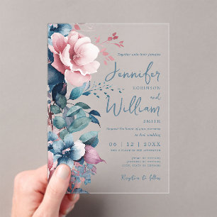 Invitations En Acrylique Boho Blue Floral Mariage Typographie de script
