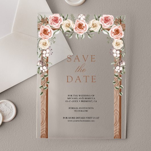 Invitations En Acrylique Boho Bois Floral Canopy Mariage Enregistrer la dat