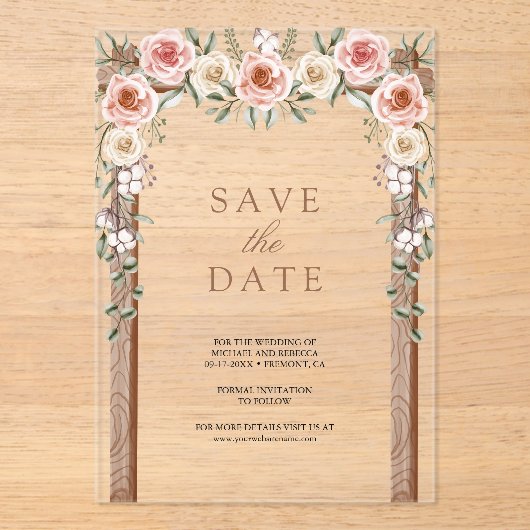 Invitations En Acrylique Boho Bois Floral Canopy Mariage Enregistrer la dat (Recto)