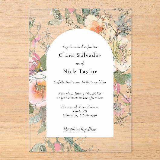 Invitations En Acrylique Boho Botanical Artist Sketch Garden Wedding (Recto)
