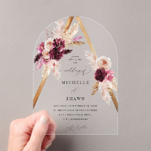 Invitations En Acrylique Boho Cadre rose Pampas Grass Floral Mariage Arch