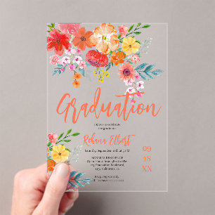 Invitations En Acrylique Boho Chic Orange Floral Graduation Photo
