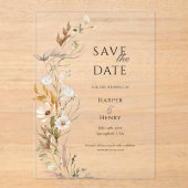 Invitations En Acrylique Boho fleur sauvage beige Botanique Enregistrer la (Recto)