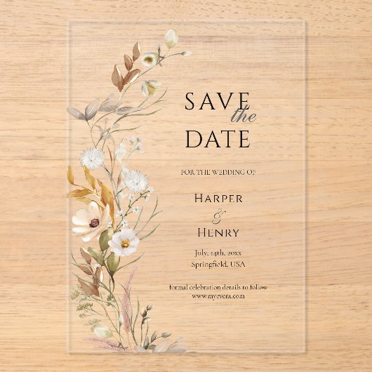 Invitations En Acrylique Boho fleur sauvage beige Botanique Enregistrer la (Recto)
