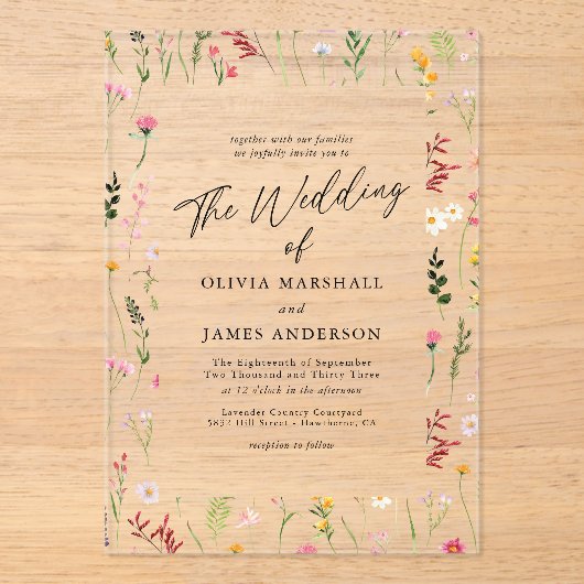 Invitations En Acrylique Boho Fleur sauvage Floral Mariage (Recto)
