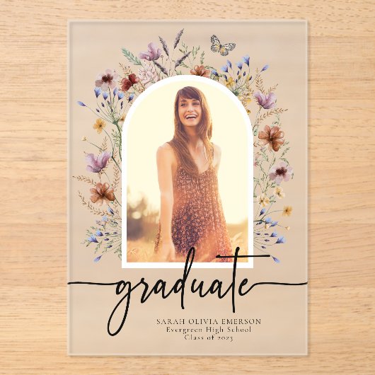 Invitations En Acrylique Boho Fleur sauvage Graduate Photo Acrylique Invita (Recto)