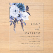 Invitations En Acrylique Boho Fleurs Dusty Bleu & Blanc Mariage (Recto)