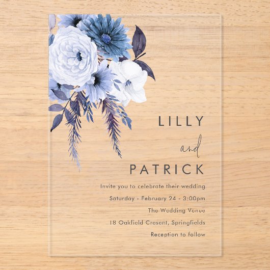 Invitations En Acrylique Boho Fleurs Dusty Bleu & Blanc Mariage (Recto)