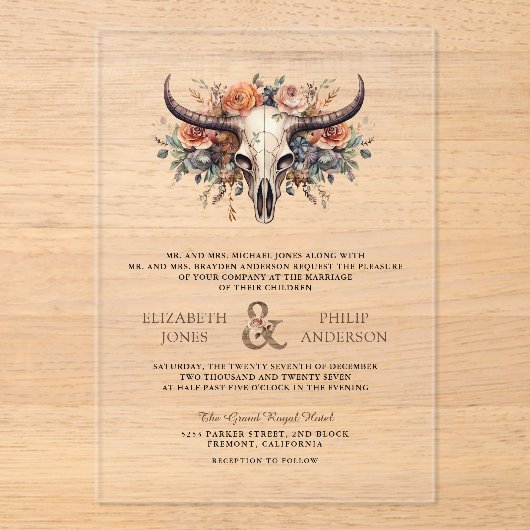 Invitations En Acrylique Boho Floral Cow Skull Western Wedding (Recto)