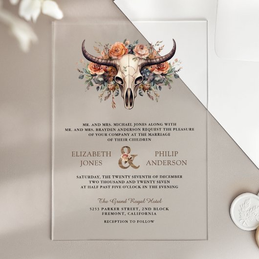 Invitations En Acrylique Boho Floral Cow Skull Western Wedding