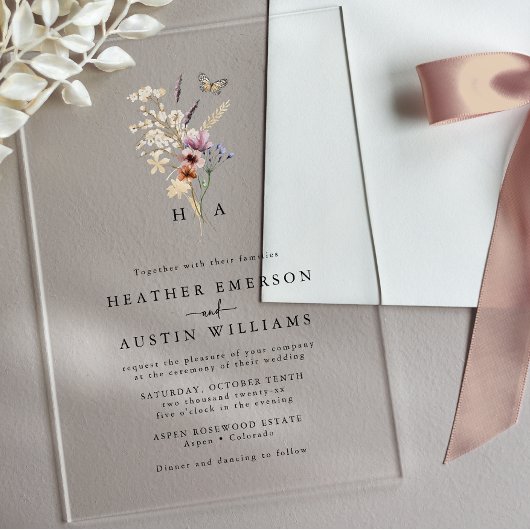 Invitations En Acrylique Boho Floral Monogramme Mariage