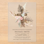 Invitations En Acrylique Boho Floral Pampas Bois Croix Baptême (Recto)