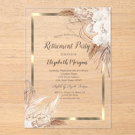 Invitations En Acrylique Boho Flowers Pampas Grass Gold Frame Retirement (Recto)