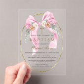 Invitations En Acrylique Boho Flowers Pink Bow Girl Baptism Transparent (In situ (ordinateur de poche))