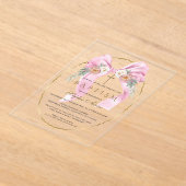 Invitations En Acrylique Boho Flowers Pink Bow Girl Baptism Transparent (Poser)