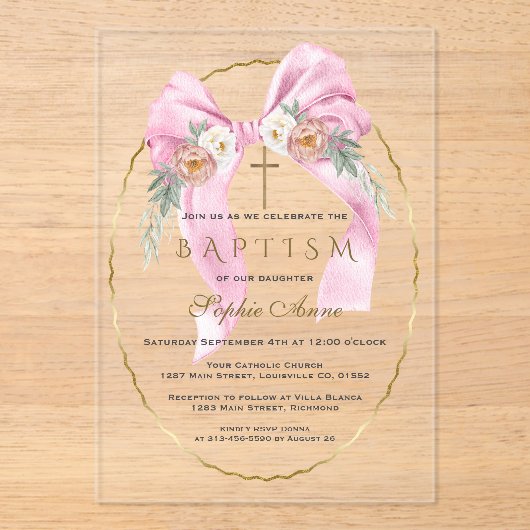 Invitations En Acrylique Boho Flowers Pink Bow Girl Baptism Transparent (Recto)